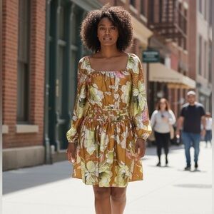 RYEGRASS BROWN FLORAL PRINT BALLOON SLEEVE SMOCKED WAIST MINI DRESS SIZE 1X